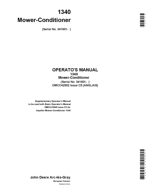 John Deere 1340 Mower-Conditioner Supplement for Machines OMCC42592 Operators and Maintenance Manual PDF Download