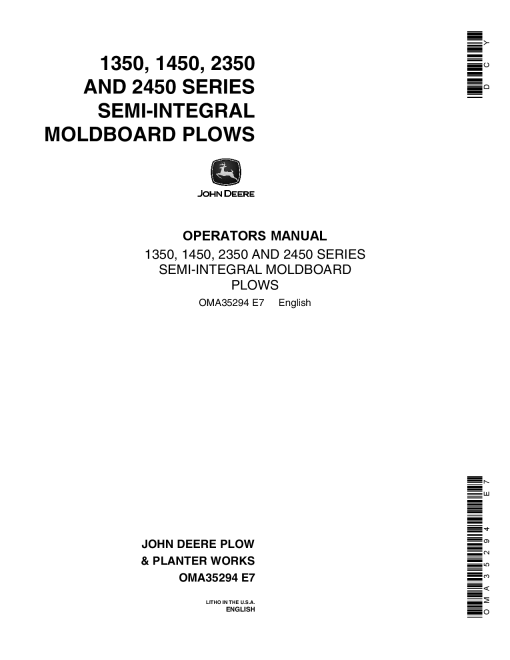 John Deere 1350, 1450, 2350, 2450 Series Semi-Integral Moldboard Plows OMA35294 Operators and Maintenance Manual PDF Download