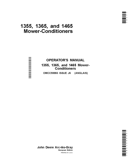 John Deere 1355, 1365 &1465 Mower-Conditioners (European Edition) OMCC59993 Operators and Maintenance Manual PDF Download