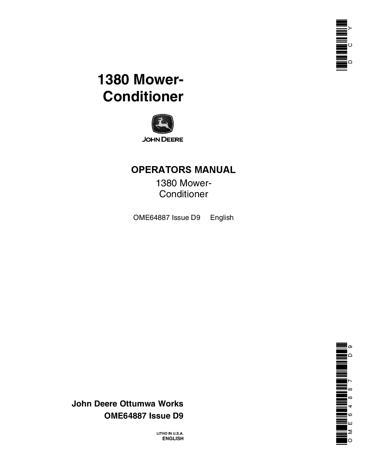 John Deere 1380 Mower Conditioner OME64887 Operators and Maintenance Manual PDF Download
