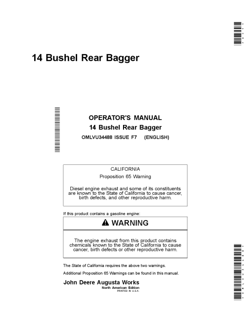 John Deere 14 Bushel Rear Bagger OMLVU34488 Operators and Maintenance Manual PDF Download