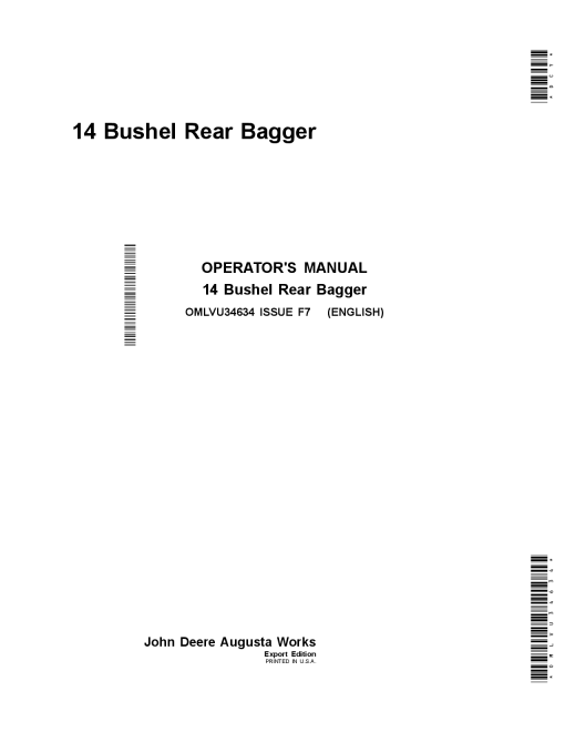 John Deere 14 Bushel Rear Bagger OMLVU34634 Operators and Maintenance Manual PDF Download