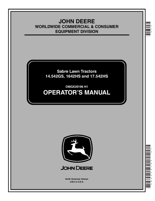 John Deere 14.542GS, 1642HS & 17.542HS Sabre-1 Lawn Tractors (010001-) OMGX20196 Operators and Maintenance Manual PDF Download