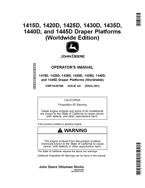 John Deere 1415D, 1420D, 1425D, 1430D, 1435D, 1440D, and 14450 Draper Platforms OMFH335788 Operators and Maintenance Manual PDF Download