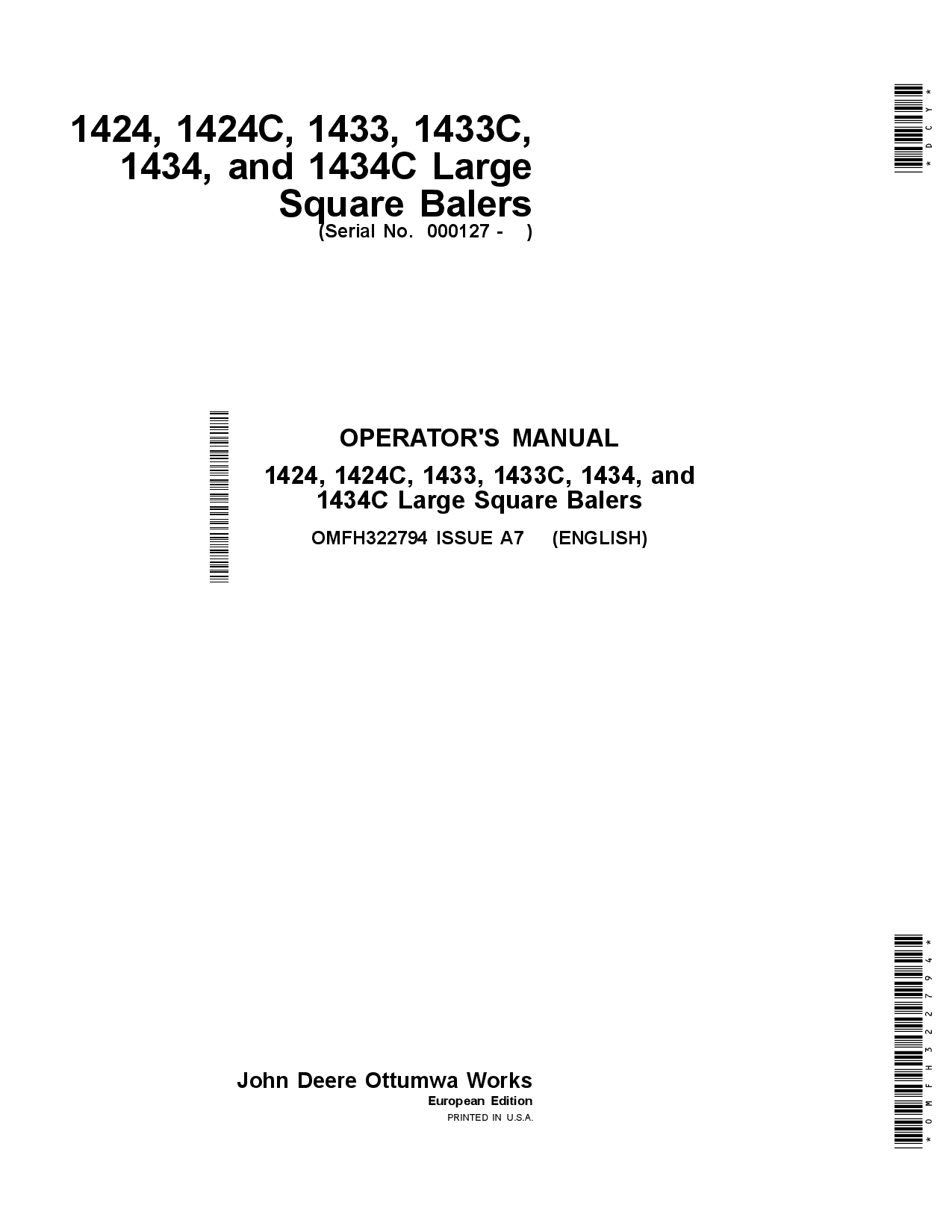 John Deere 1424, 1424C, 1433, 1433C, 1434 & 1434C Large Square Balers OMFH322794 Operators and Maintenance Manual PDF Download