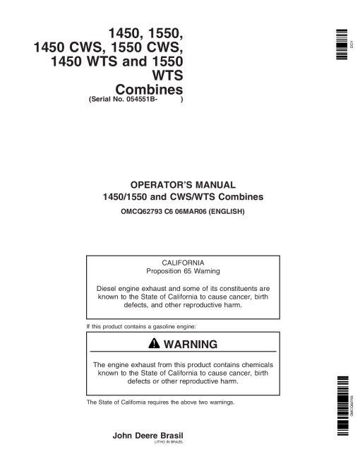 John Deere 1450, 1550, 1450 CWS, 1450 WTS, 1550 CWS, 1550WTS Combines OMCQ62793 Operators and Maintenance Manual PDF Download