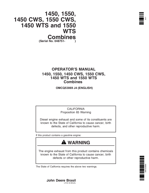 John Deere 1450, 1550, 1450CWS, 1550CWS, 1450WTS, 1550WTS Combine OMCQ53869 Operators and Maintenance Manual PDF Download
