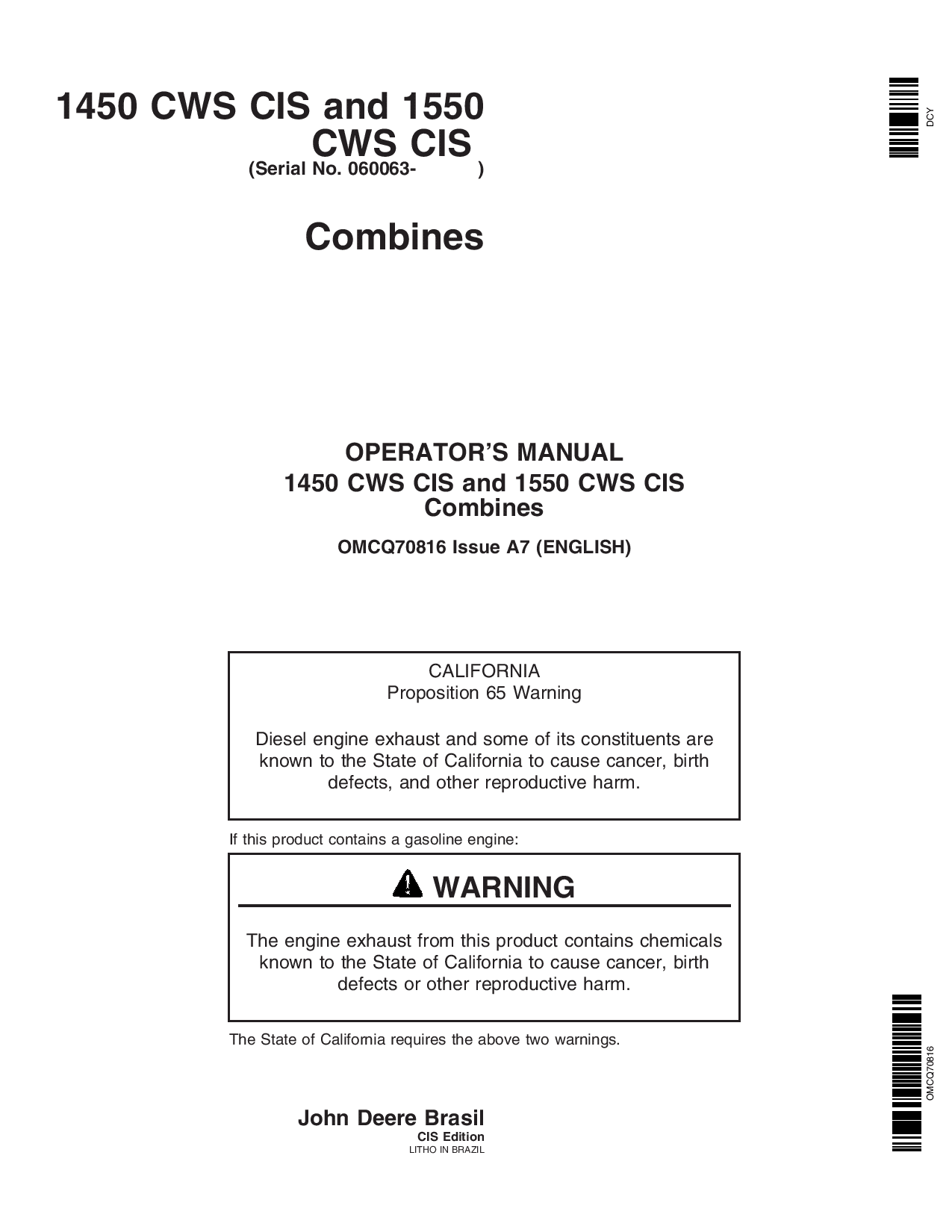 John Deere 1450CWS CIS, 1550CWS CIS Combine OMCQ70816 Operators and Maintenance Manual PDF Download