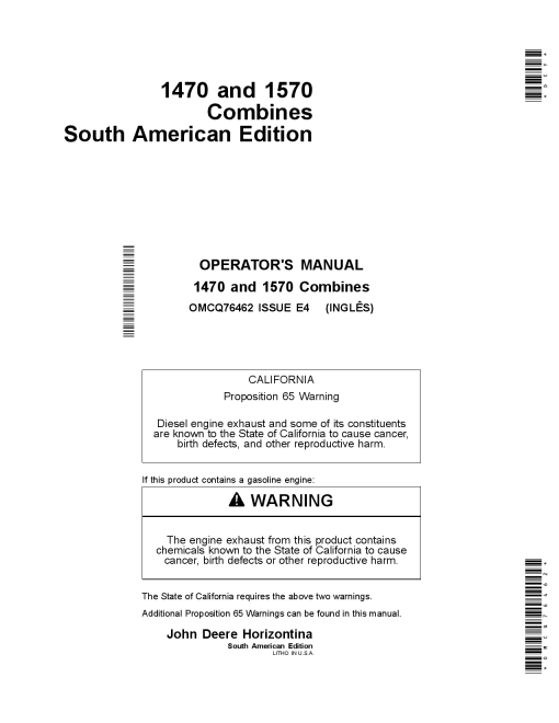 John Deere 1470, 1570 Combine OMCQ76462 Operators and Maintenance Manual PDF Download