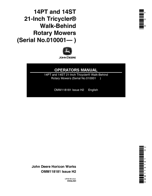 John Deere 14PT, 14ST 21-In. Tricycler Walk-Behind Rotary Mower (010001-) OMM118181 Operators and Maintenance Manual PDF Download