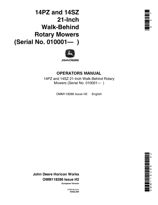 John Deere 14PZ, 14SZ Rotary Mowers (010001-) OMM118286 Operators and Maintenance Manual PDF Download
