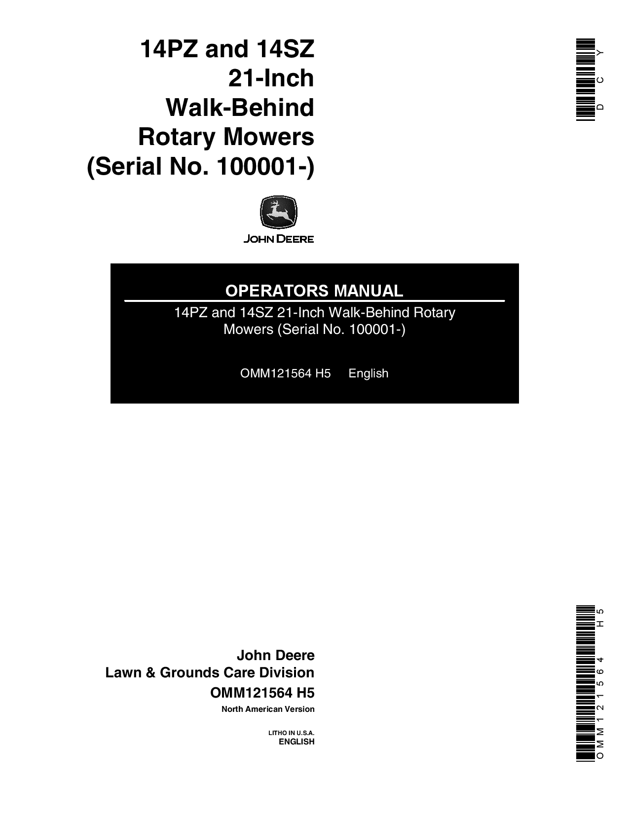 John Deere 14PZ, 14SZ Rotary Mowers (100001-) OMM121564 Operators and Maintenance Manual PDF Download