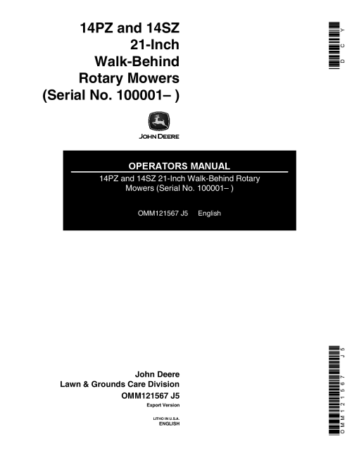 John Deere 14PZ, 14SZ Rotary Mowers (100001-) OMM121567 Operators and Maintenance Manual PDF Download