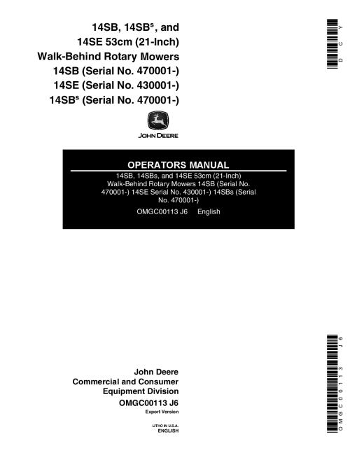John Deere 14SB, 14SBS (470001-), 14SE (430001-) Rotary Mowers OMGC00113 Operators and Maintenance Manual PDF Download