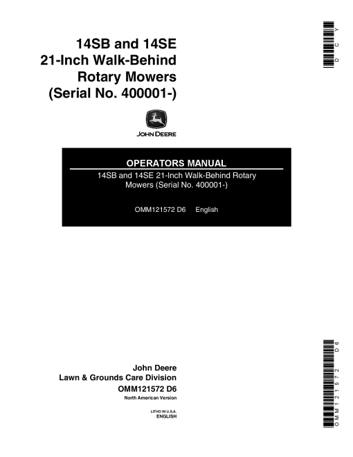 John Deere 14SB, 14SE, 14SBF (400001-) Rotary Mowers OMM121572 Operators and Maintenance Manual PDF Download