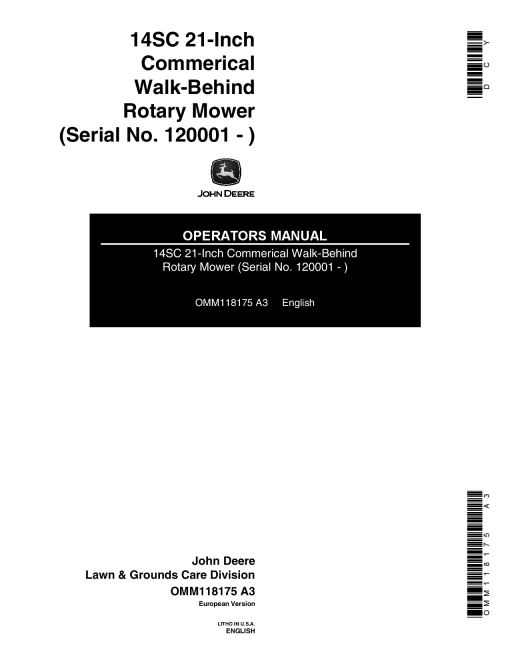 John Deere 14SC 21-In. Walk-Behind Mower OMM118175 Operators and Maintenance Manual PDF Download