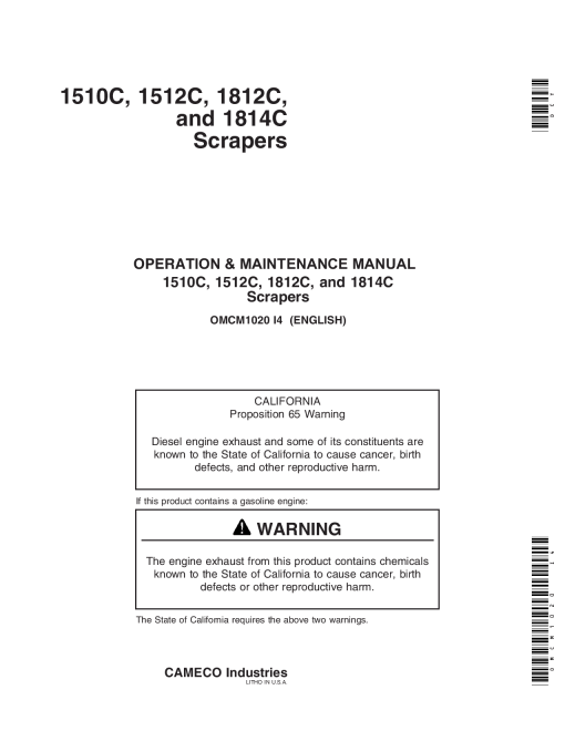 John Deere 1510C, (001223-), 1512C (001000-), 1812C (001810-), 1814C (001162-) Carry-All Scrapers OMCM1020 Operators and Maintenance Manual PDF Download