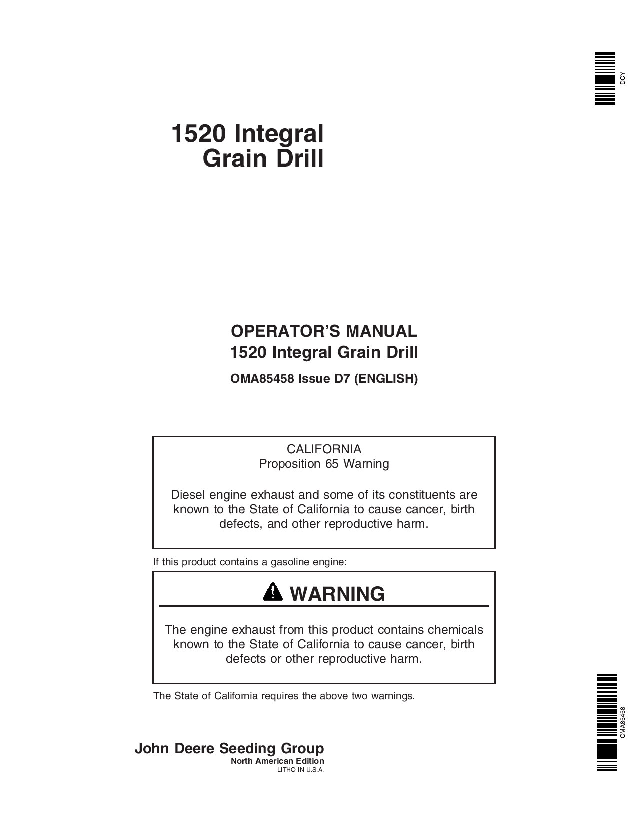 John Deere 1520 Integral Grain Drill North American Edition (000000-745100) OMA85458 Operators and Maintenance Manual PDF Download