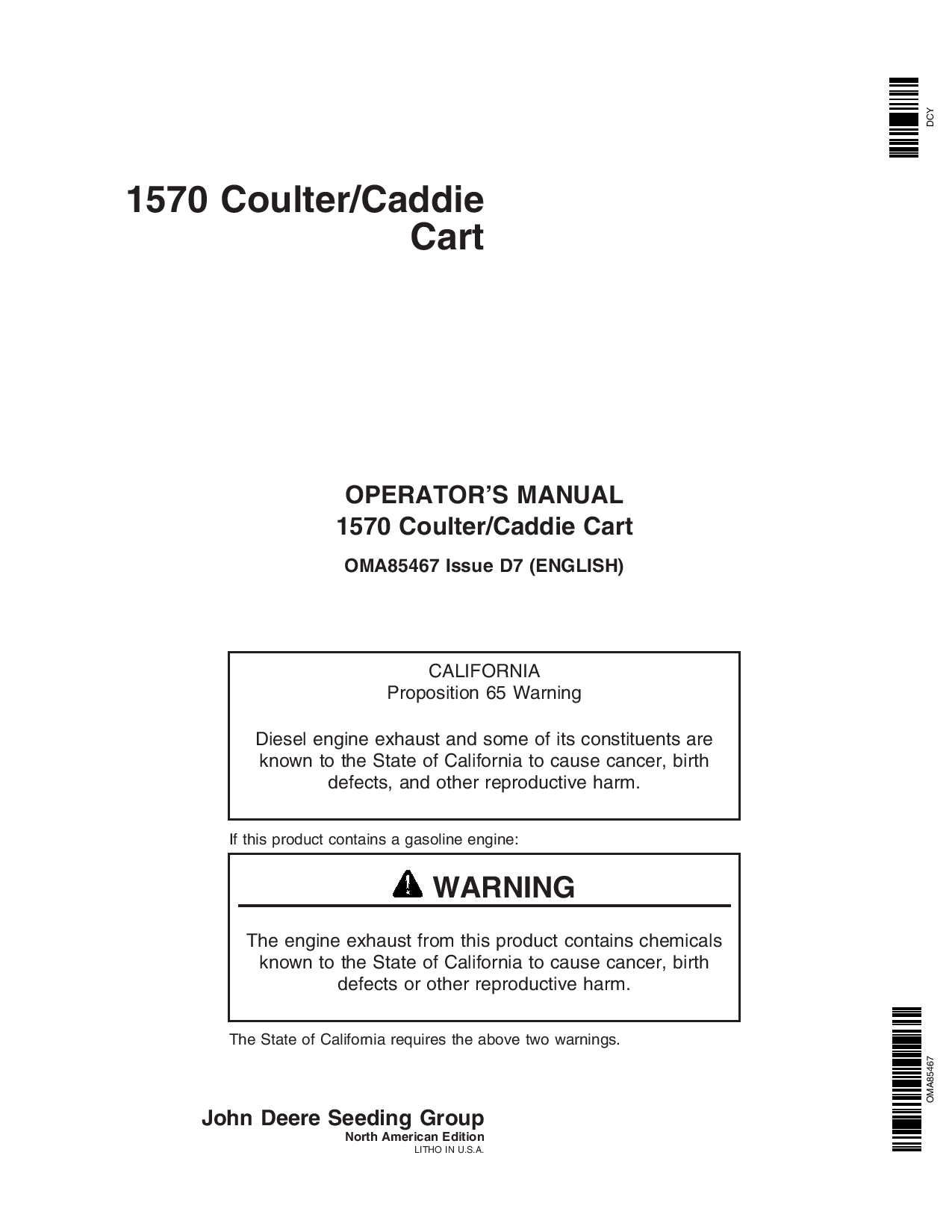 John Deere 1570 Coulter Caddie Cart OMA85467 Operators and Maintenance Manual PDF Download
