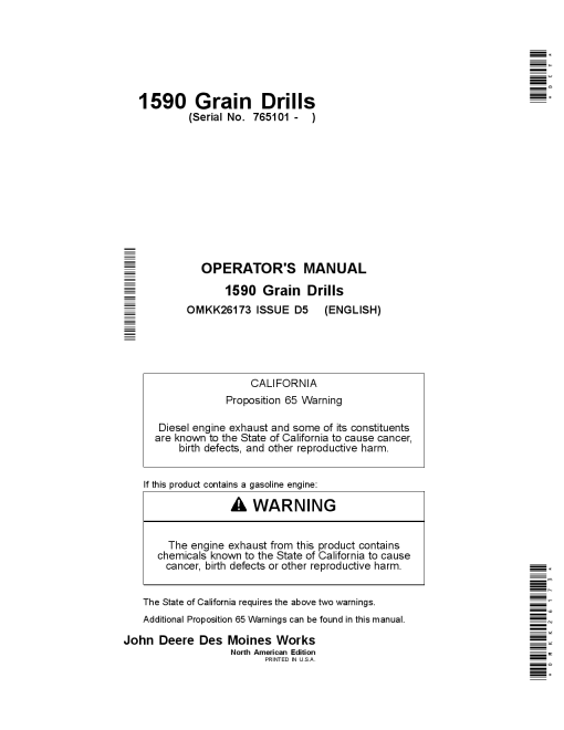 John Deere 1590 Grain Drills OMKK26173 Operators and Maintenance Manual PDF Download