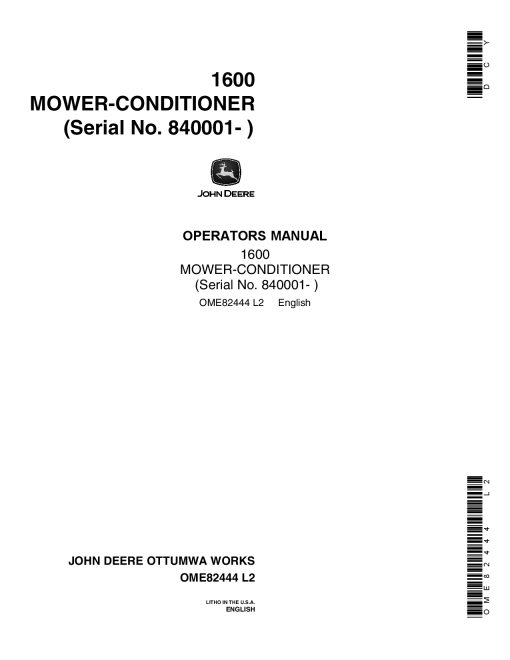 John Deere 1600 Mower Conditioner (840001-) OME82444 Operators and Maintenance Manual PDF Download
