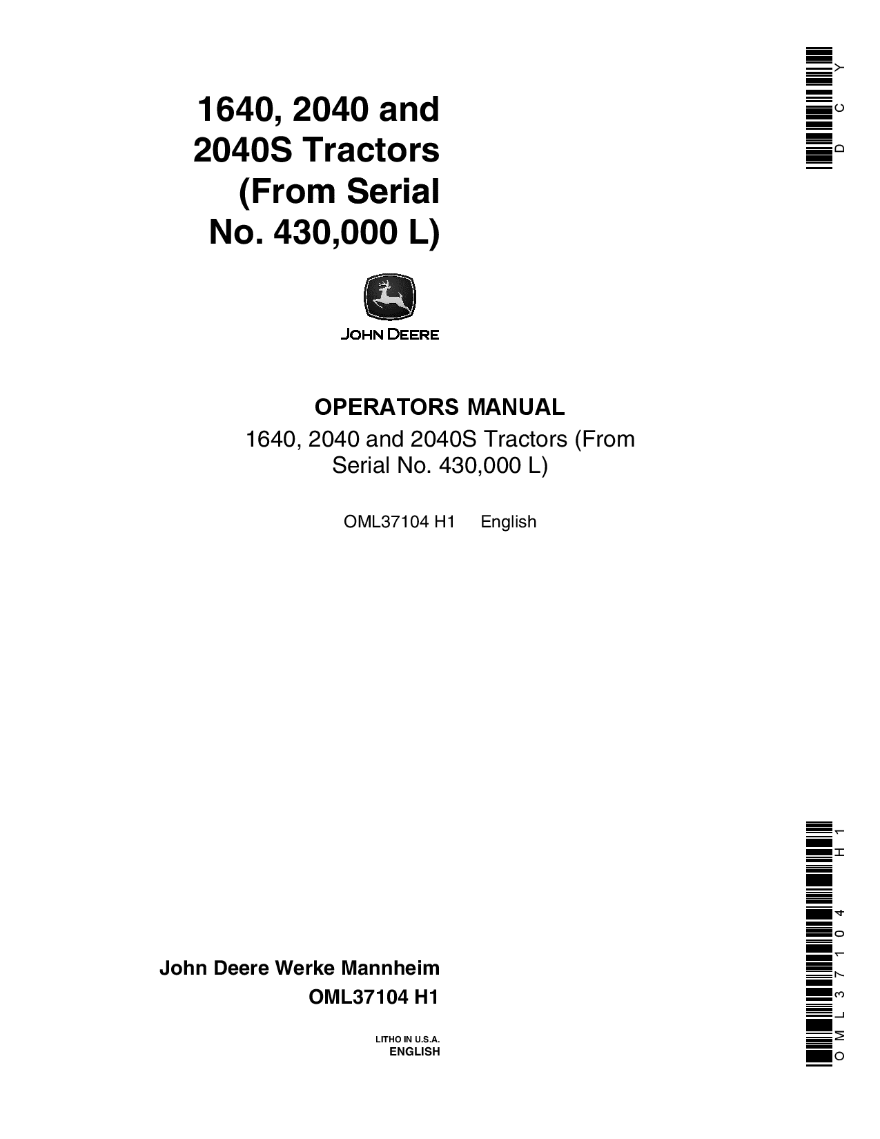 John Deere 1640, 2040 & 20405 Tractors (430000-449999) OML37104 Operators and Maintenance Manual PDF Download
