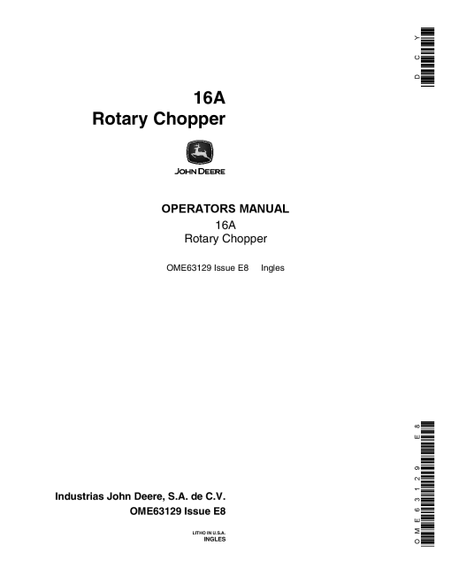 John Deere 16A Rotary Chopper OME63129 Operators and Maintenance Manual PDF Download