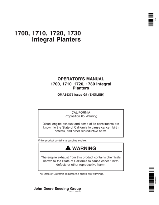 John Deere 1700, 1710, 1720, 1730 Integral Planter North America 81 Australia Edition (725101-730100) OMA85375 Operators and Maintenance Manual PDF Download
