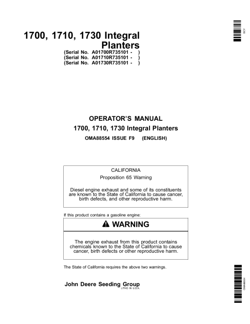 John Deere 1700, 1710, 1730 Integral Planters North American &Australia Edition (735101-740100) OMA88554 Operators and Maintenance Manual PDF Download