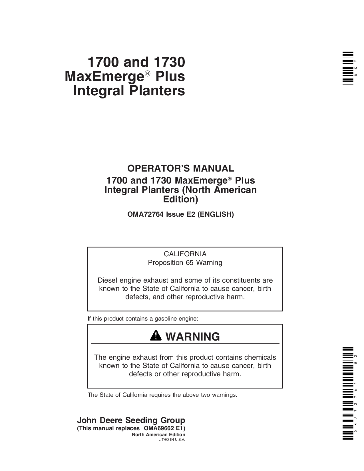 John Deere 1700, 1730 Integral Planters (700101-700999) OMA72764 Operators and Maintenance Manual PDF Download