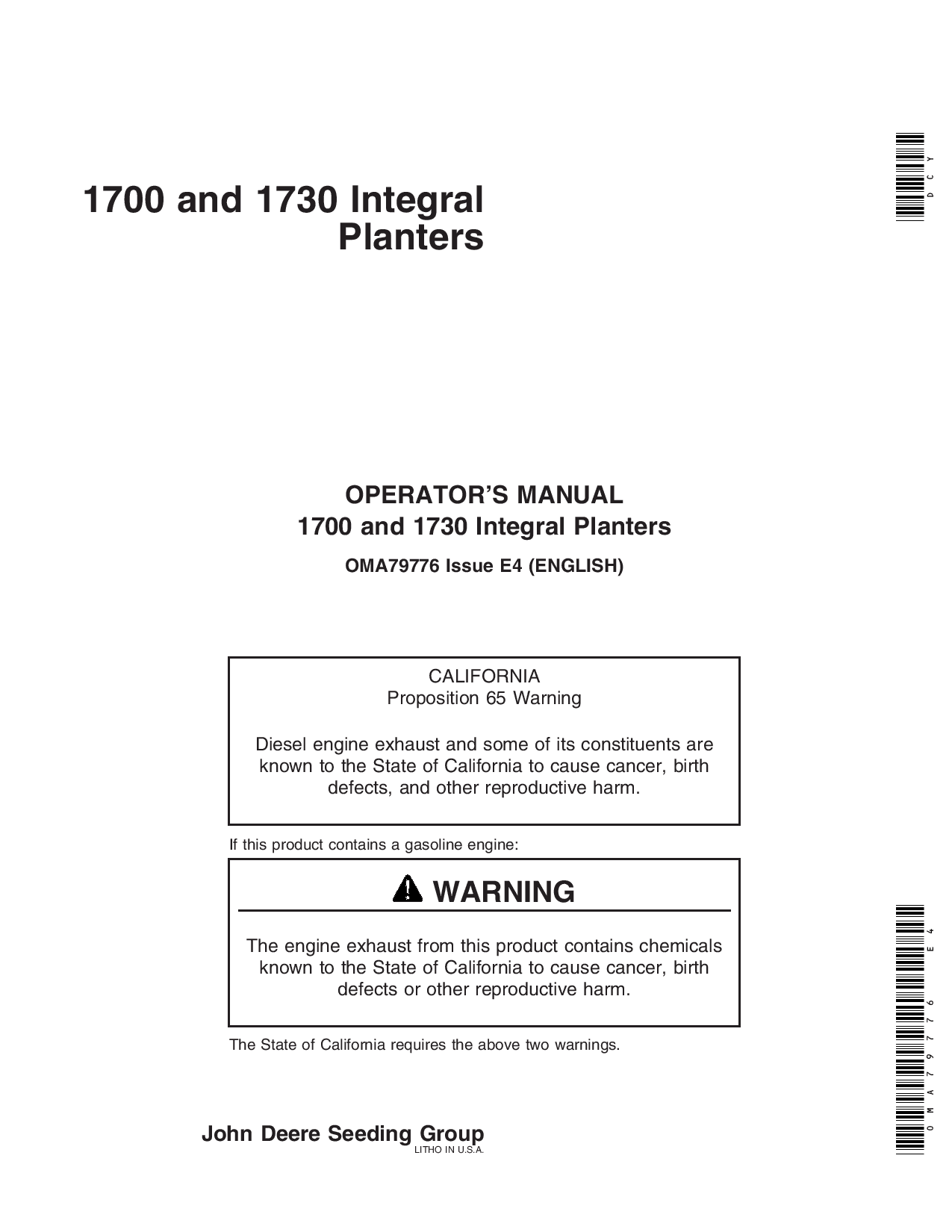 John Deere 1700, 1730 Integral Planters (710101-710999) OMA79776 Operators and Maintenance Manual PDF Download