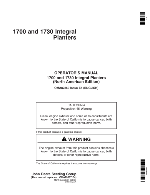 John Deere 1700 & 1730 Integral Planters US & AU Edition Standard Units (705101-715999) OMA82860 Operators and Maintenance Manual PDF Download