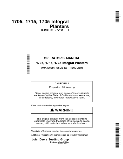 John Deere 1705, 1715, 1735 Integral Planters (North American Edition) OMA108256 Operators and Maintenance Manual PDF Download