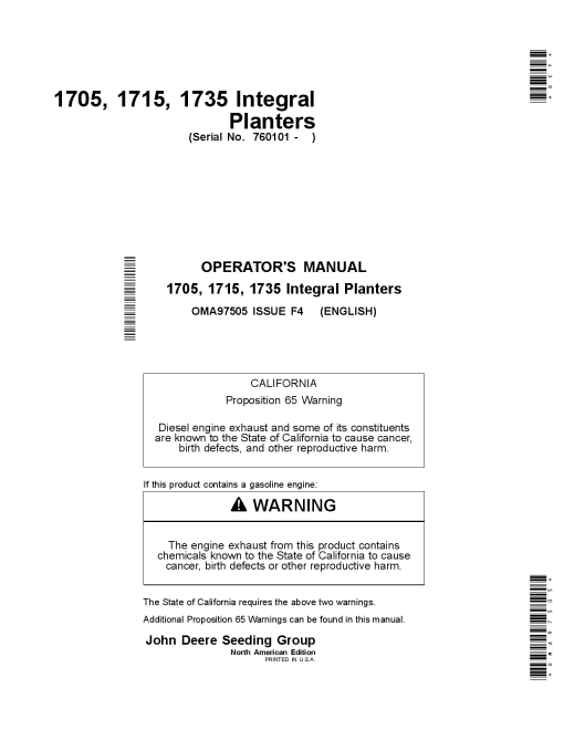 John Deere 1705, 1715, 1735 Integral Planters Worldwide Edition (760101-765101) OMA97505 Operators and Maintenance Manual PDF Download