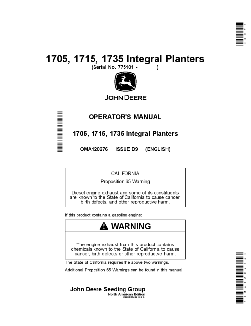 John Deere 1705, 1715, and 1735 Integral Planters OMA120276 Operators and Maintenance Manual PDF Download