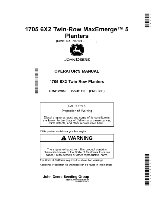 John Deere 1705 6X2 Twin-Row MaxEmergeTM 5 Planters (790101-) OMA125959 Operators and Maintenance Manual PDF Download