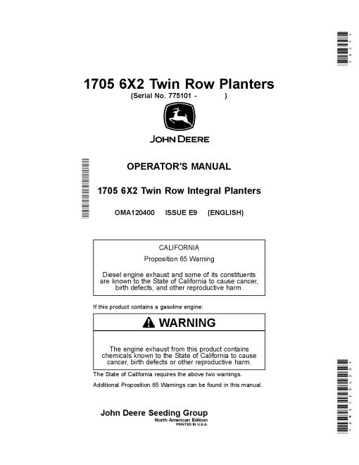 John Deere 1705 6X2 Twin Row Planters OMA120400 Operators and Maintenance Manual PDF Download