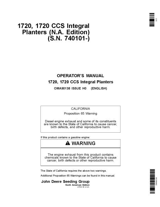 John Deere 1720, 1720 CCS Integral Planters (740101-) OMA90138 Operators and Maintenance Manual PDF Download