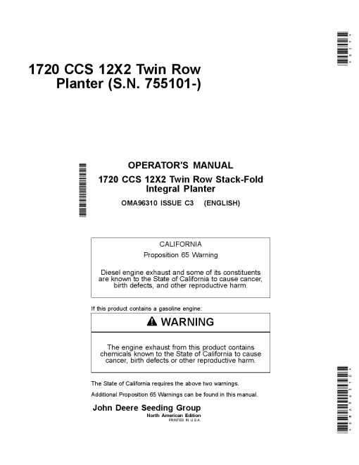 John Deere 1720 CCS 12X2 Twin Row Stack-Fold Integral Planter (755101-) OMA96310 Operators and Maintenance Manual PDF Download