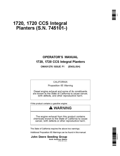 John Deere 1720 CCS Integral Planters (745101-) OMA91276 Operators and Maintenance Manual PDF Download