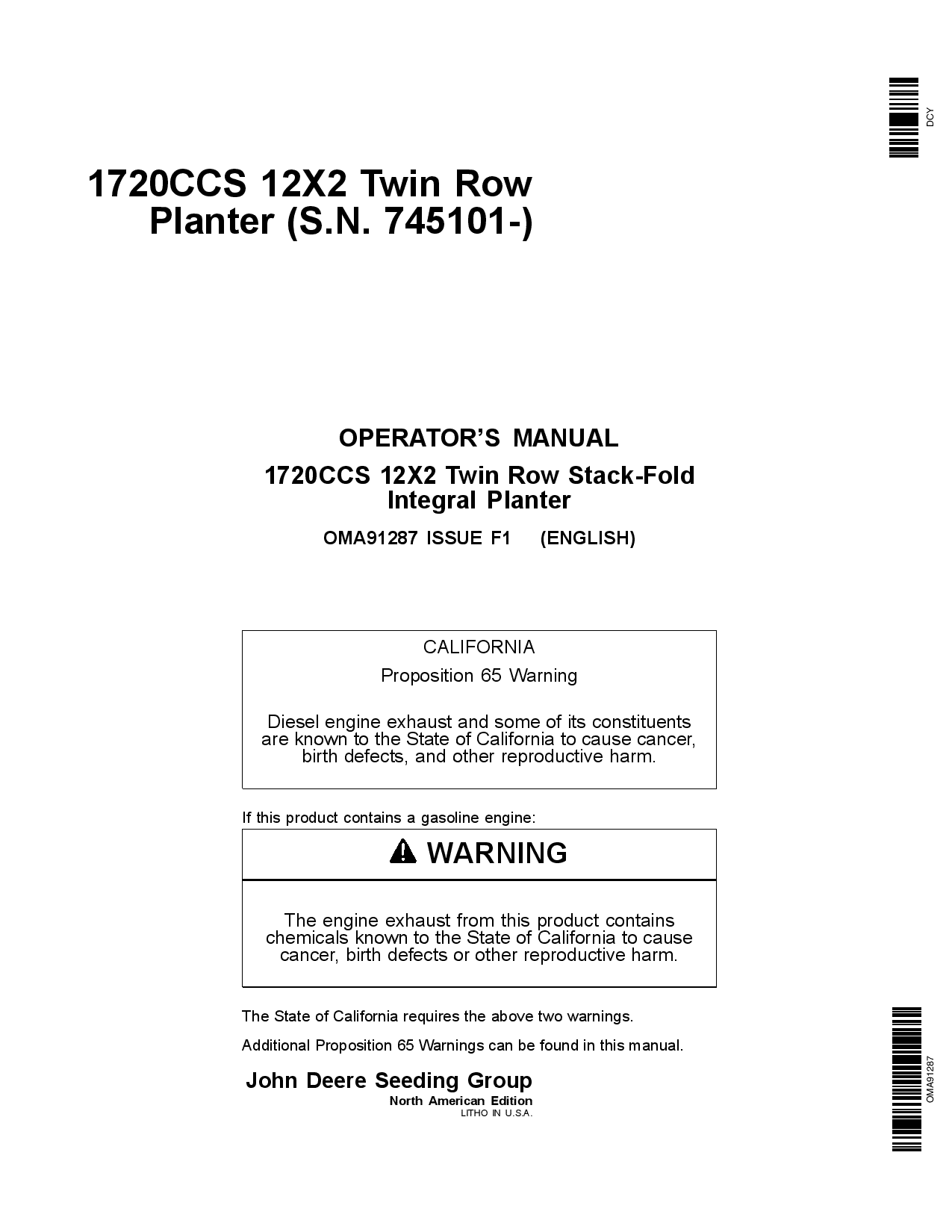 John Deere 1720CCS 12x2 Twin Row Planter (745101-) OMA91287 Operators and Maintenance Manual PDF Download