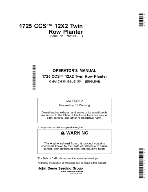 John Deere 1725 CCS 12x2 Twin-Row PlantersUS & Australia Edition (765101-) OMA103930 Operators and Maintenance Manual PDF Download