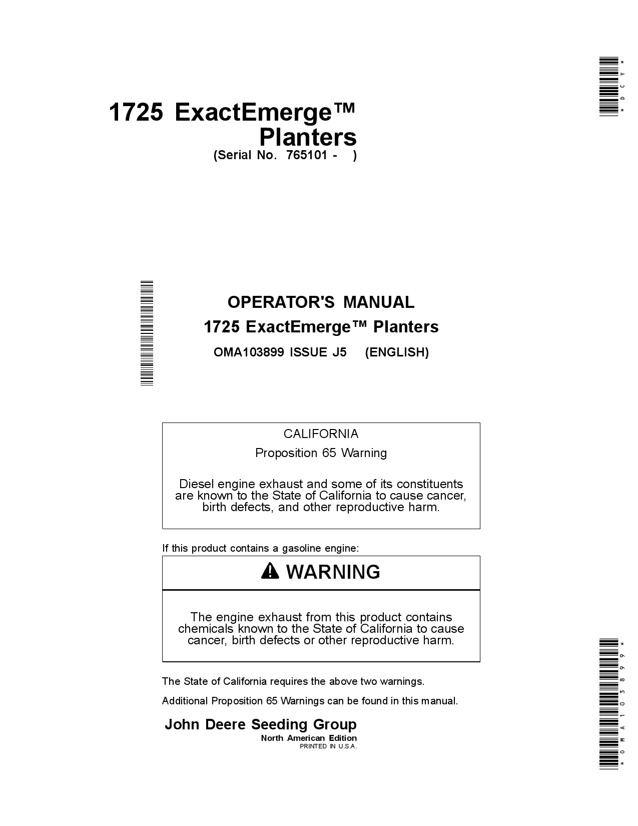 John Deere 1725 ExactEmerge PlantersNorth American Edition (765101- ) OMA103899 Operators and Maintenance Manual PDF Download