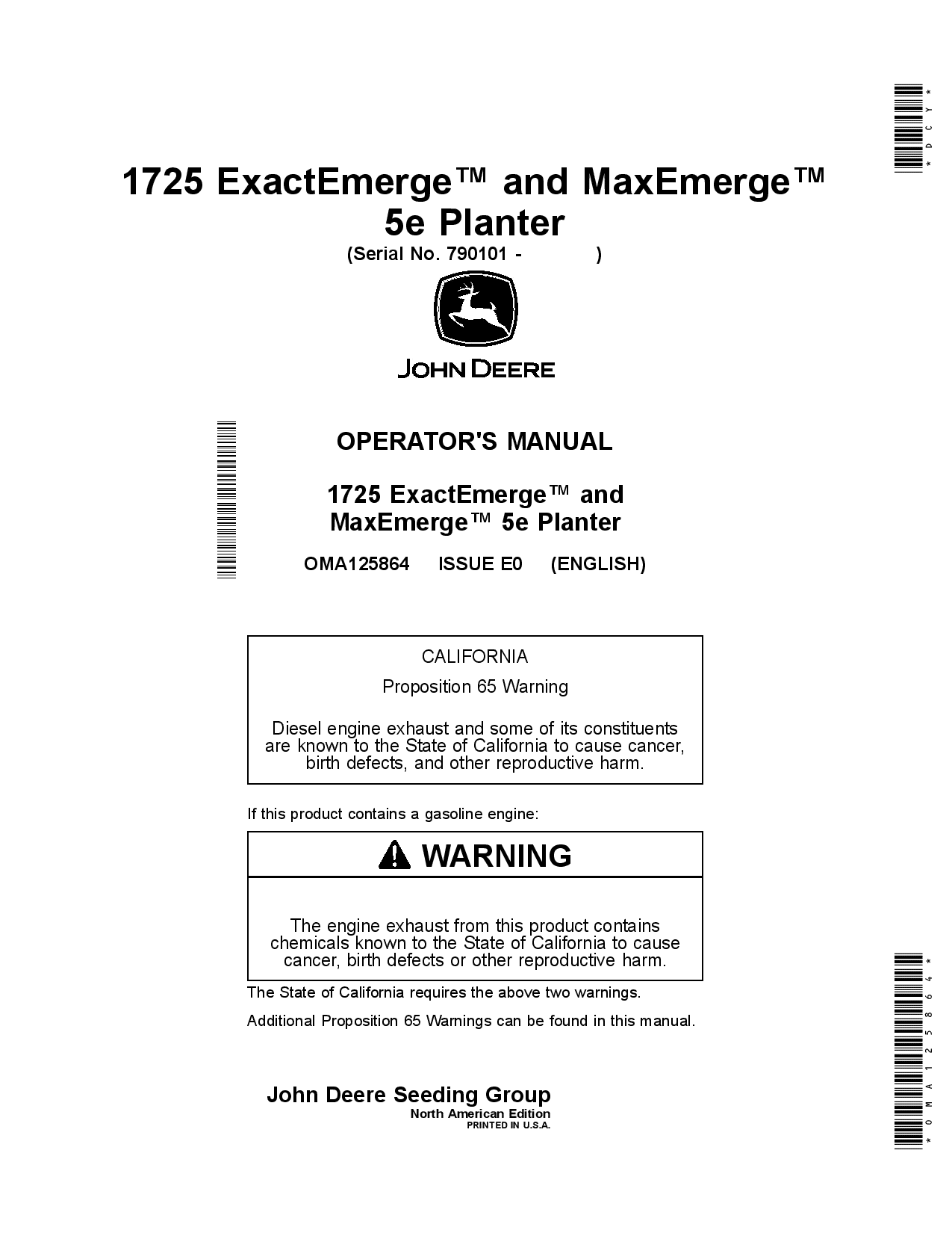 John Deere 1725 ExactEmerge and 1725 MaxEmerge 5e Planter (790101-) OMA125864 Operators and Maintenance Manual PDF Download