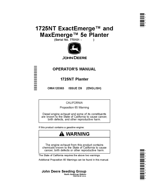 John Deere 1725NT ExactEmerge & 1725NT MaxEmerge 5e Planters OMA120363 Operators and Maintenance Manual PDF Download