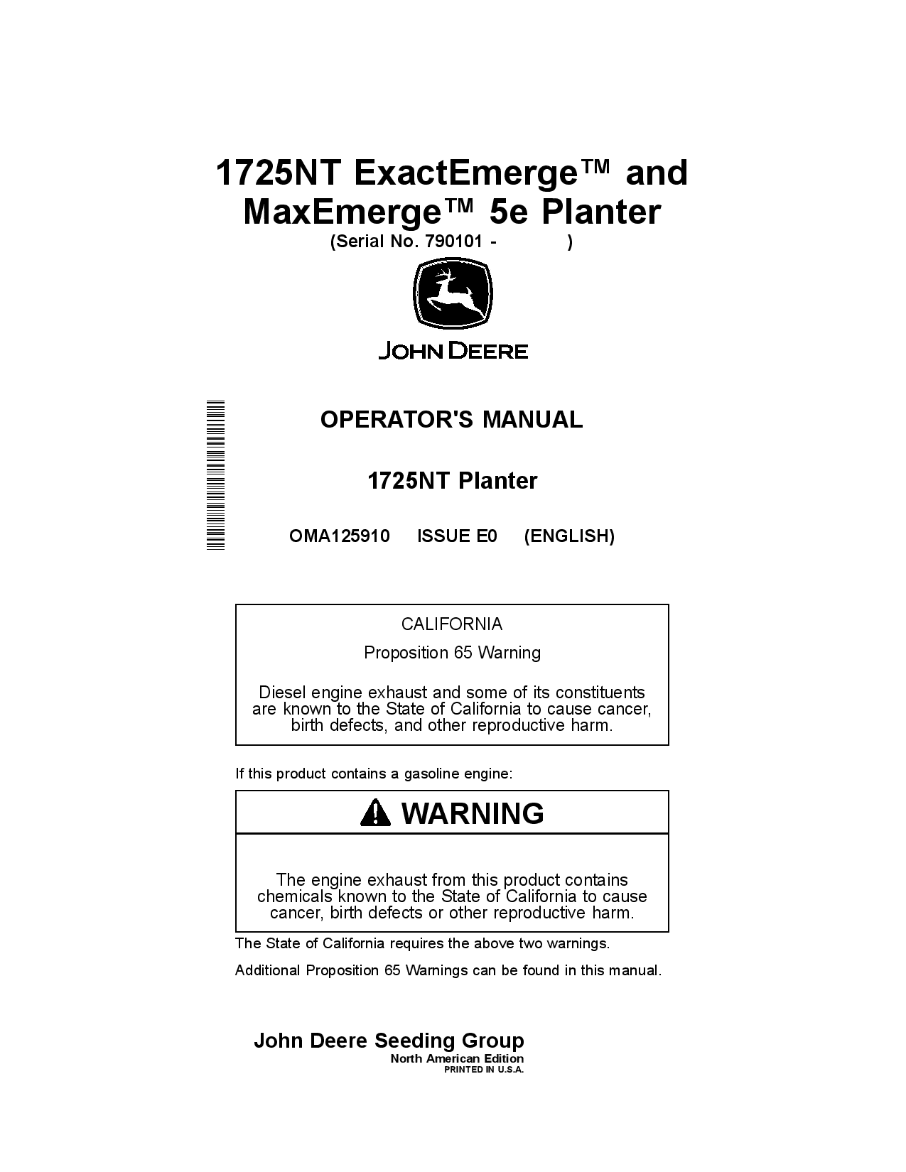 John Deere 1725NT ExactEmerge and 1725NT MaxEmerge 5e Planter (790101-) OMA125910 Operators and Maintenance Manual PDF Download