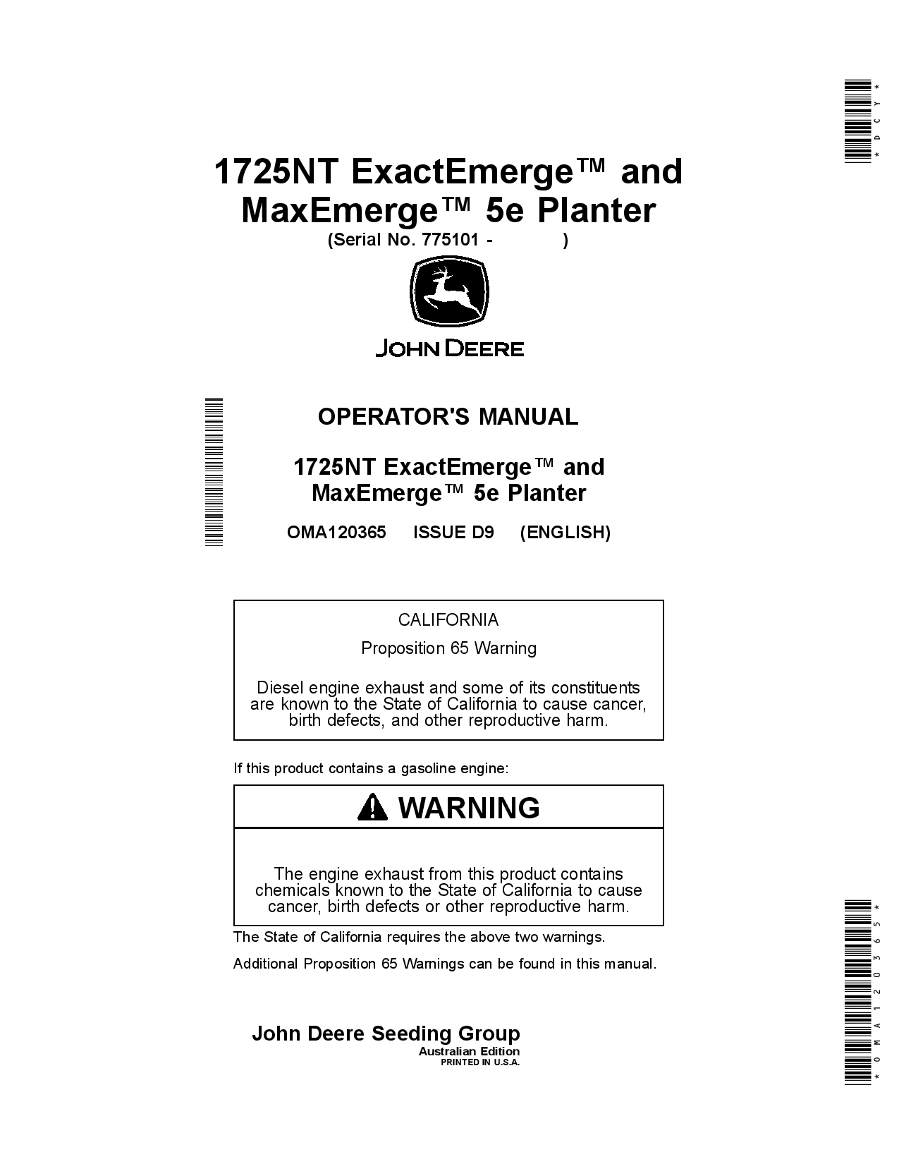 John Deere 1725NT ExactEmerge and 1725NT MaxEmerge 5e Planters OMA120365 Operators and Maintenance Manual PDF Download