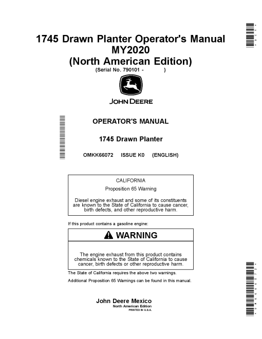 John Deere 1745 CCS Drawn Rigid Frame MaxEmergem TM 5 planter (790101-) OMKK66072 Operators and Maintenance Manual PDF Download
