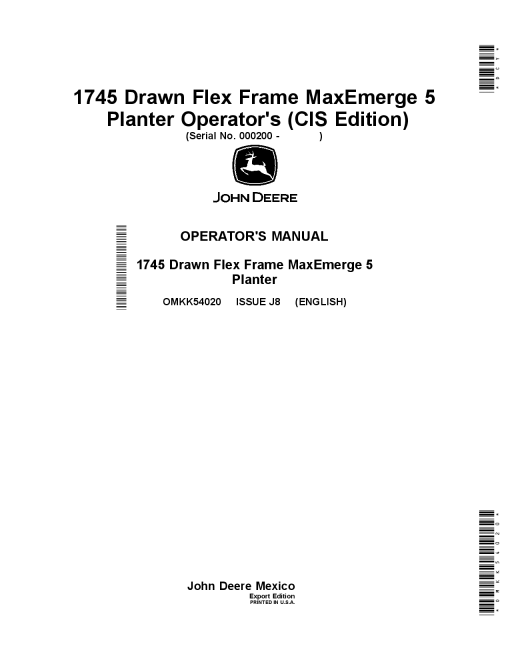 John Deere 1745 Drawn Flex Frame MaxEmerge 5 Planters (CIS Edition) OMKK54020 Operators and Maintenance Manual PDF Download