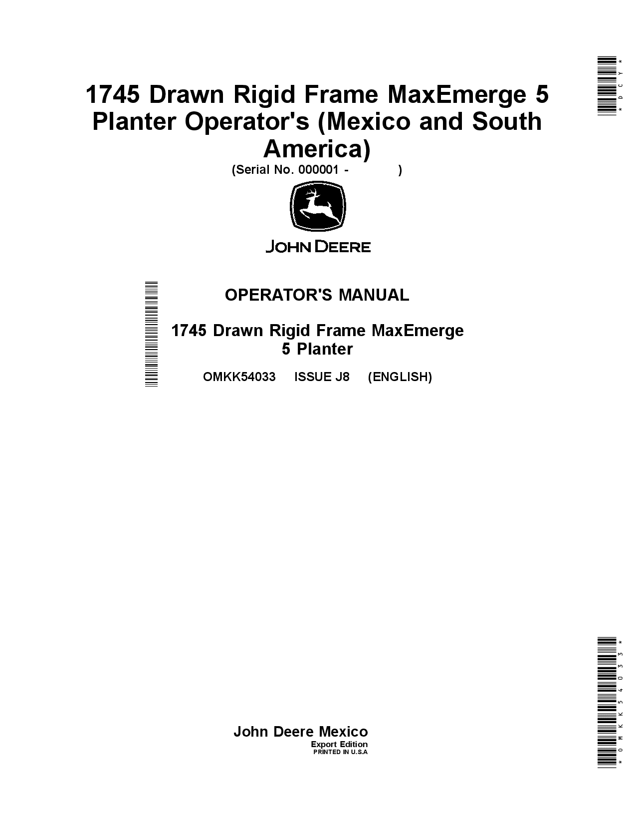 John Deere 1745 Drawn Rigid Frame MaxEmerge 5 Planters OMKK54033 Operators and Maintenance Manual PDF Download